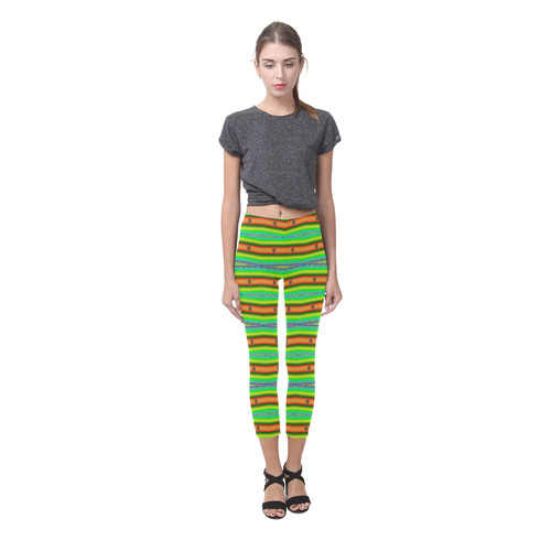 Bright Green Orange Stripes Pattern Abstract Capri Legging (Model L02)