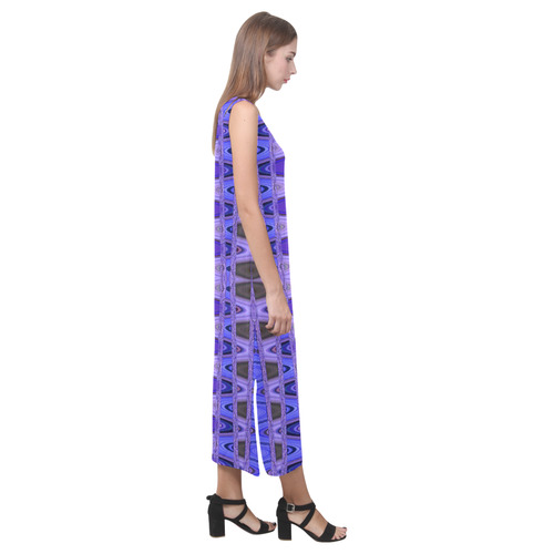 Blue Black Abstract Pattern Phaedra Sleeveless Open Fork Long Dress (Model D08)