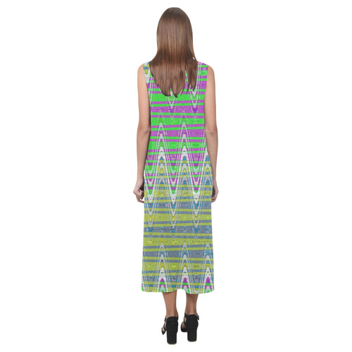 Colorful Pastel Zigzag Waves Pattern Phaedra Sleeveless Open Fork Long Dress (Model D08)