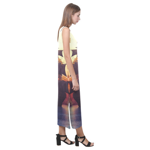 2 A pirate ship off an island at a sunset Phaedra Sleeveless Open Fork Long Dress (Model D08)