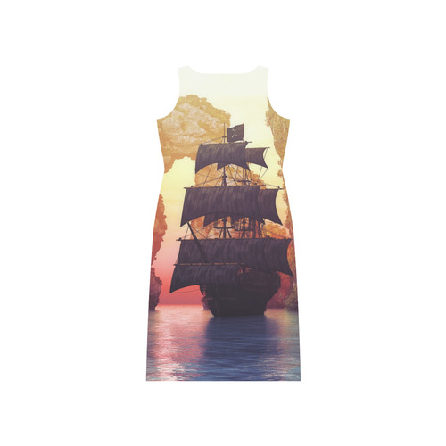 2 A pirate ship off an island at a sunset Phaedra Sleeveless Open Fork Long Dress (Model D08)