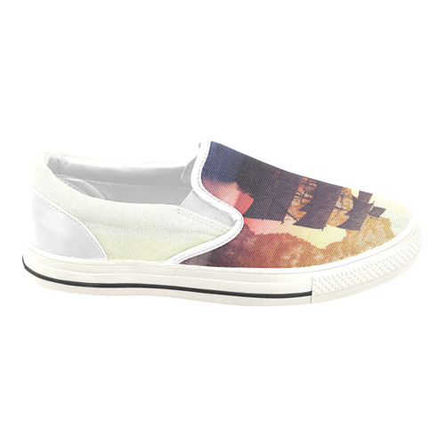5 A pirate ship off an island at a sunset Men's Unusual Slip-on Canvas Shoes (Model 019)