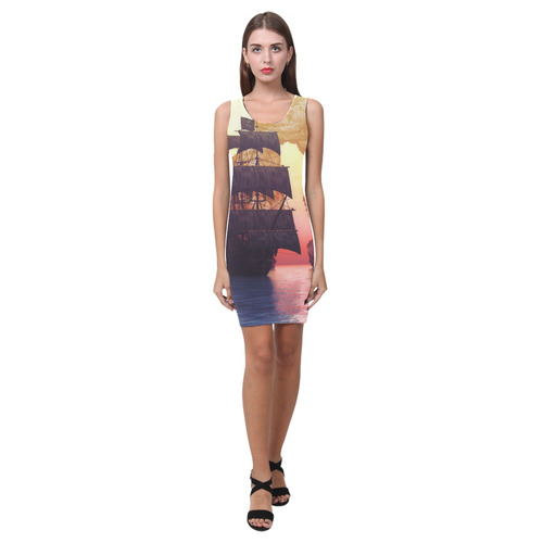 2 A pirate ship off an island at a sunset Medea Vest Dress (Model D06)