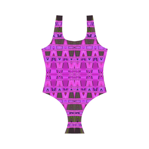 Bright Pink Black Abstract Pattern Vest One Piece Swimsuit (Model S04)