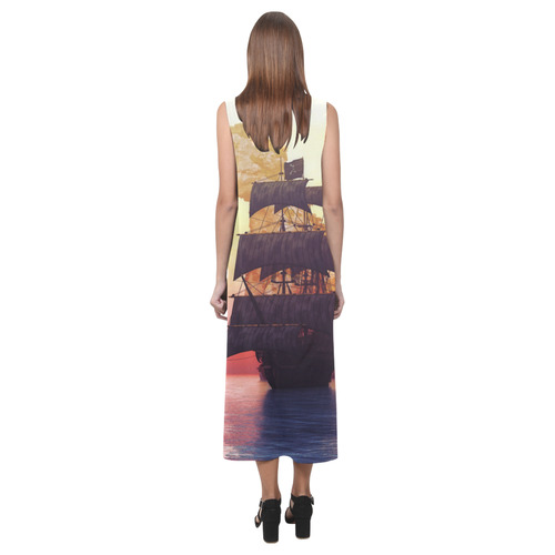 2 A pirate ship off an island at a sunset Phaedra Sleeveless Open Fork Long Dress (Model D08)