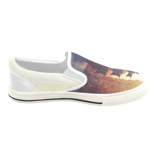 5 A pirate ship off an island at a sunset Men's Unusual Slip-on Canvas Shoes (Model 019)