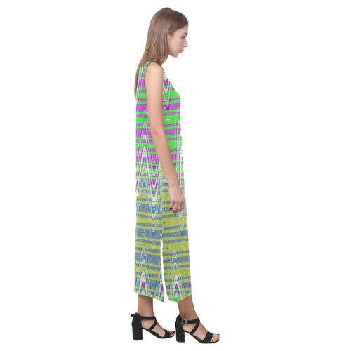 Colorful Pastel Zigzag Waves Pattern Phaedra Sleeveless Open Fork Long Dress (Model D08)