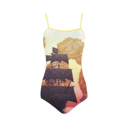 2 A pirate ship off an island at a sunset Strap Swimsuit ( Model S05)