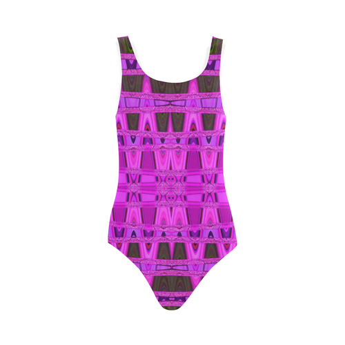 Bright Pink Black Abstract Pattern Vest One Piece Swimsuit (Model S04)