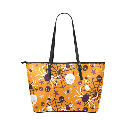 Scary Halloween Skulls Spider Webs Leather Tote Bag/Small (Model 1651)