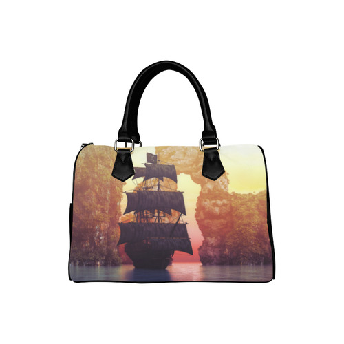 A pirate ship off an island at a sunset Boston Handbag (Model 1621)