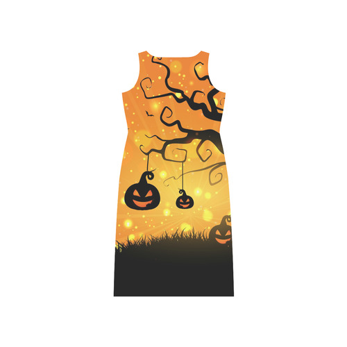 Cute Halloween Pumpkins Evil Black Bats Phaedra Sleeveless Open Fork Long Dress (Model D08)