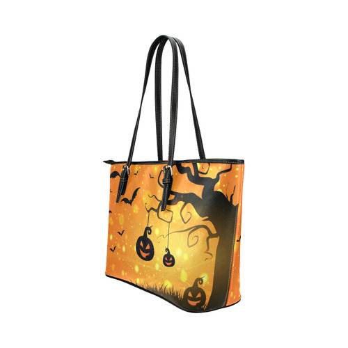 Cute Halloween Pumpkins Scary Black Bats Leather Tote Bag/Large (Model 1651)