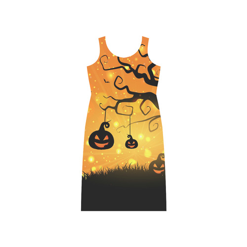 Cute Halloween Pumpkins Evil Black Bats Phaedra Sleeveless Open Fork Long Dress (Model D08)