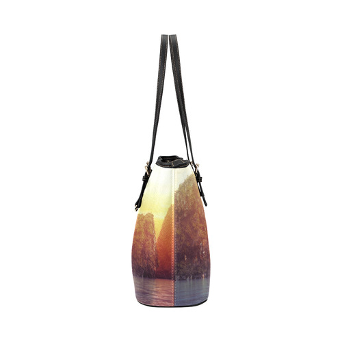 A pirate ship off an island at a sunset Leather Tote Bag/Small (Model 1651)