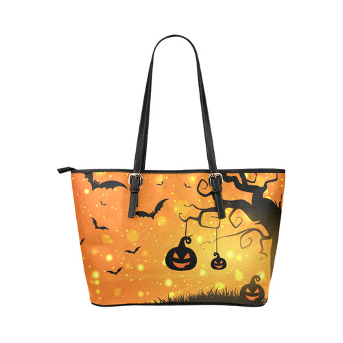 Cute Halloween Pumpkins Scary Black Bats Leather Tote Bag/Small (Model 1651)