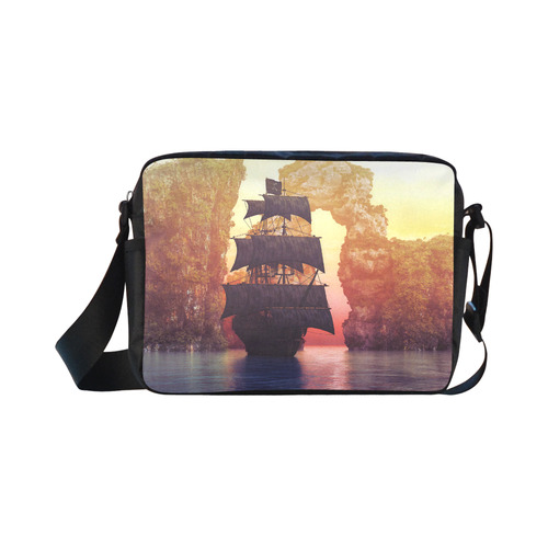 A pirate ship off an island at a sunset Classic Cross-body Nylon Bags (Model 1632)