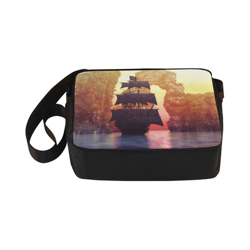 A pirate ship off an island at a sunset Classic Cross-body Nylon Bags (Model 1632)