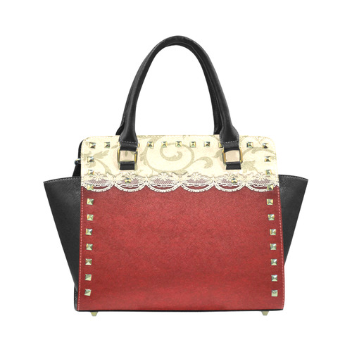Red Velvet Antique Lace Rivet Shoulder Handbag (Model 1645)