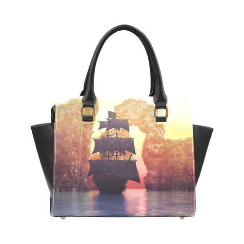 A pirate ship off an island at a sunset Rivet Shoulder Handbag (Model 1645)