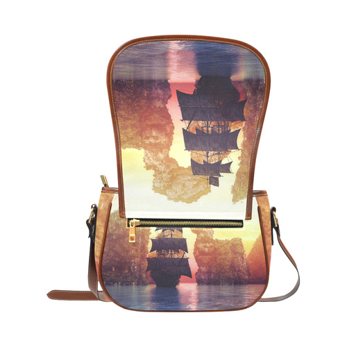 A pirate ship off an island at a sunset Saddle Bag/Small (Model 1649) Full Customization