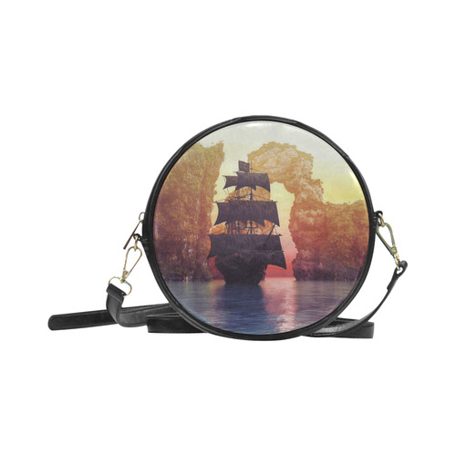A pirate ship off an island at a sunset Round Sling Bag (Model 1647)