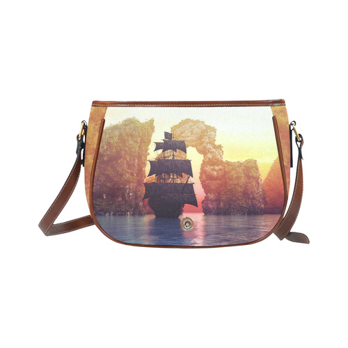 A pirate ship off an island at a sunset Saddle Bag/Small (Model 1649) Full Customization