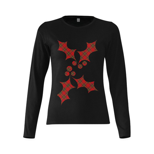 Red Tartan Plaid Pattern Christmas Holly Shape Sunny Women's T-shirt (long-sleeve) (Model T07)