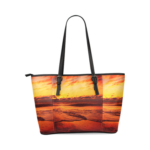 Stunning sunset on the beach 2 Leather Tote Bag/Small (Model 1640)