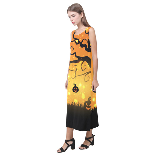 Cute Halloween Pumpkins Evil Black Bats Phaedra Sleeveless Open Fork Long Dress (Model D08)