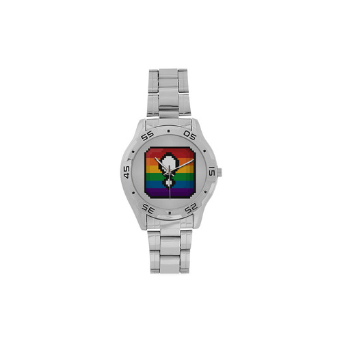 Pixel Rainbow Exclamation Point "!" Box Men's Stainless Steel Analog Watch(Model 108)