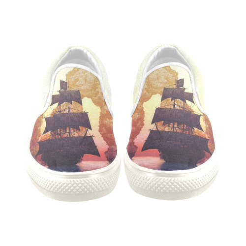 2 A pirate ship off an island at a sunset Women's Unusual Slip-on Canvas Shoes (Model 019)