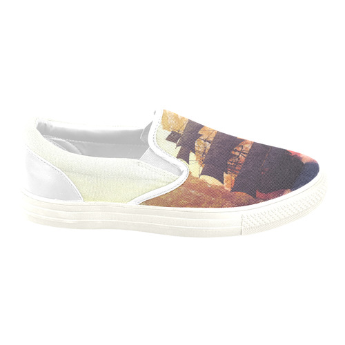 2 A pirate ship off an island at a sunset Women's Unusual Slip-on Canvas Shoes (Model 019)
