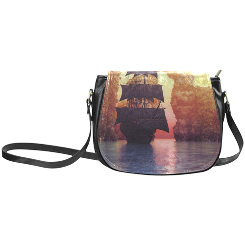 A pirate ship off an island at a sunset Classic Saddle Bag/Small (Model 1648)