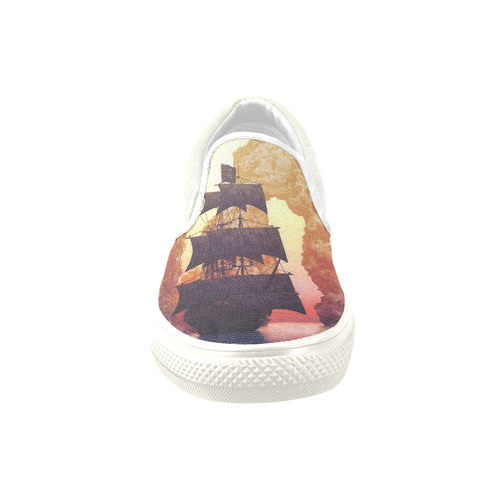 2 A pirate ship off an island at a sunset Women's Unusual Slip-on Canvas Shoes (Model 019)