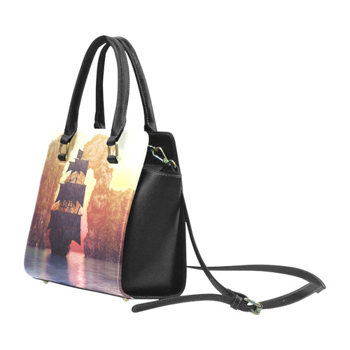 A pirate ship off an island at a sunset Rivet Shoulder Handbag (Model 1645)