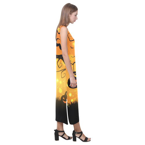 Cute Halloween Pumpkins Evil Black Bats Phaedra Sleeveless Open Fork Long Dress (Model D08)