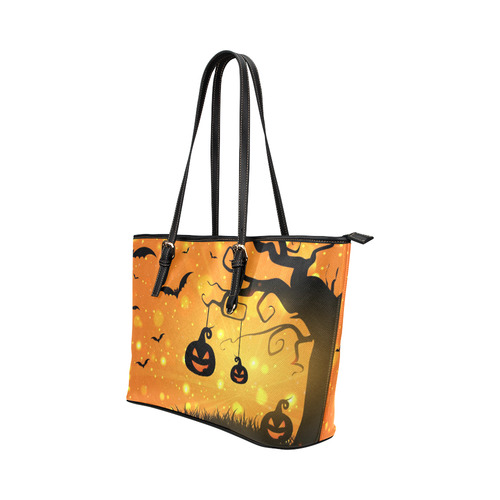 Cute Halloween Pumpkins Scary Black Bats Leather Tote Bag/Small (Model 1651)