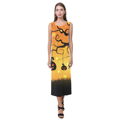 Cute Halloween Pumpkins Evil Black Bats Phaedra Sleeveless Open Fork Long Dress (Model D08)