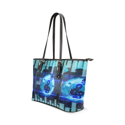 Music, clef in blue mechanical design Leather Tote Bag/Small (Model 1640)