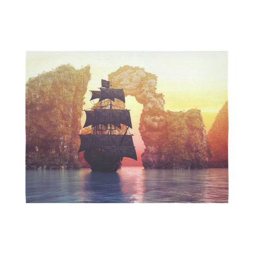 A pirate ship off an island at a sunset Cotton Linen Wall Tapestry 80"x 60"