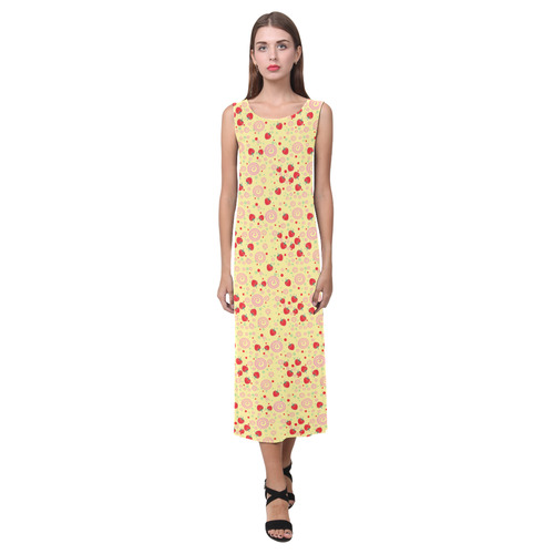 Bright Scattered Strawberry Swirl Pattern Phaedra Sleeveless Open Fork Long Dress (Model D08)