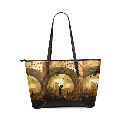 Cute fairy in the night Leather Tote Bag/Small (Model 1640)