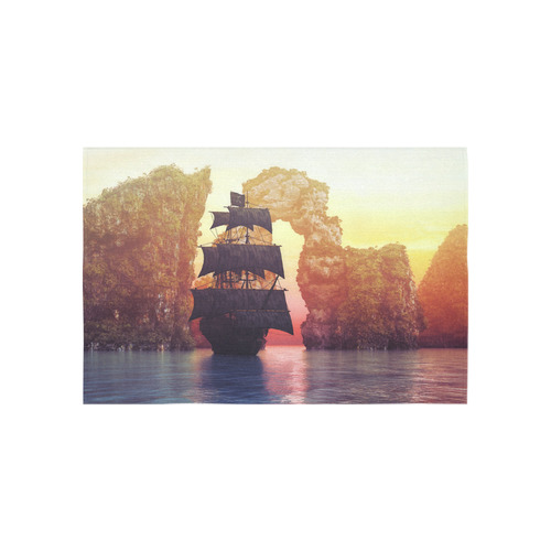 A pirate ship off an island at a sunset Cotton Linen Wall Tapestry 60"x 40"