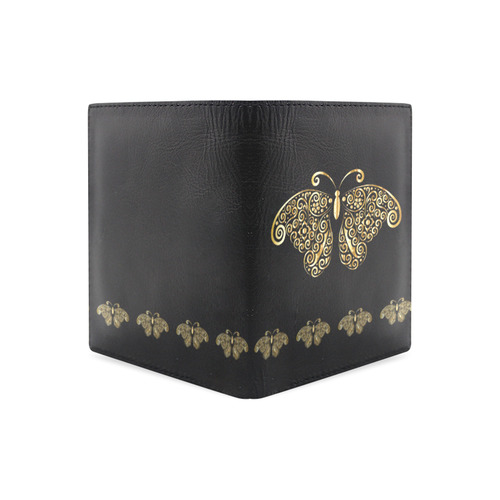 Golden Butterfly on Black Men's Leather Wallet (Model 1612)