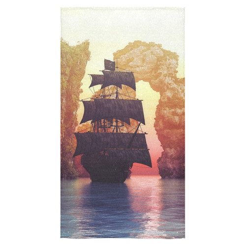 A pirate ship off an island at a sunset Bath Towel 30"x56"
