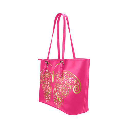 Golden Butterfly on Pink Leather Tote Bag/Small (Model 1651)