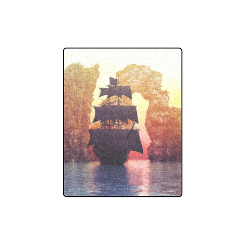 A pirate ship off an island at a sunset Blanket 40"x50"