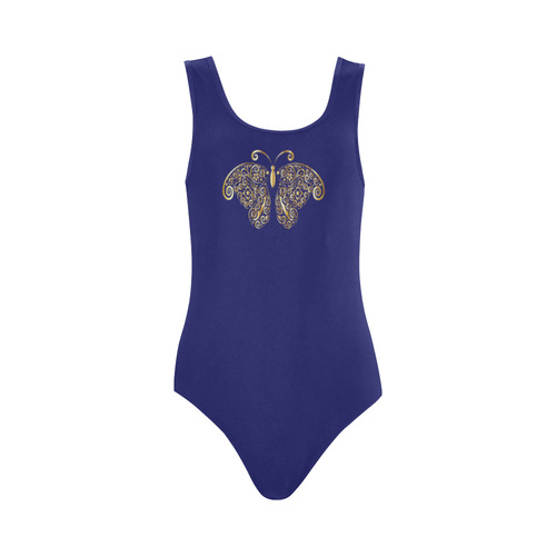 Golden Butterflies on Blue Vest One Piece Swimsuit (Model S04)