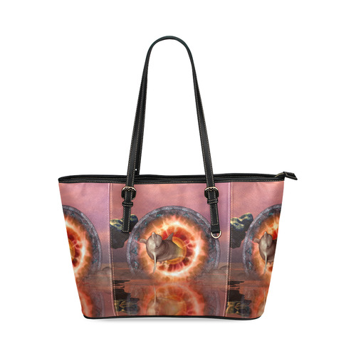 Dolphin jumping by a gate Leather Tote Bag/Large (Model 1640)